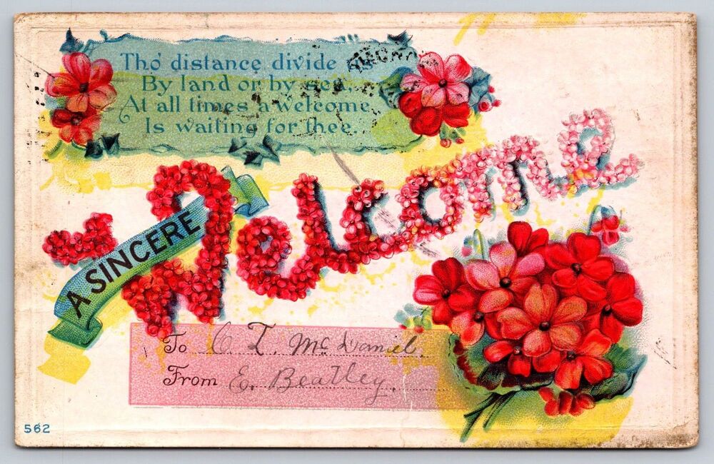 1911 Antique Embossed Postcard A Sincere Welcome Kokomo IN to West Middleton